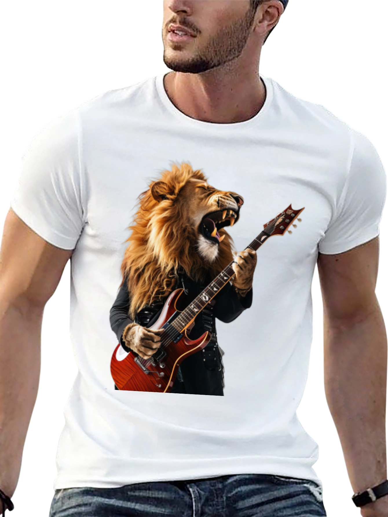 Lion Guitarist Graphic Tee - Rock Star Style T-Shirt