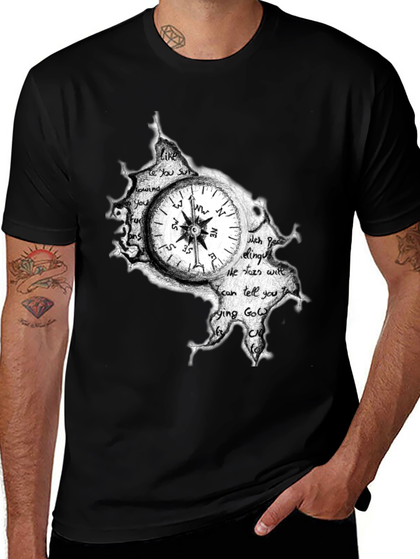 Compass Graphic Print Mens Black T-Shirt
