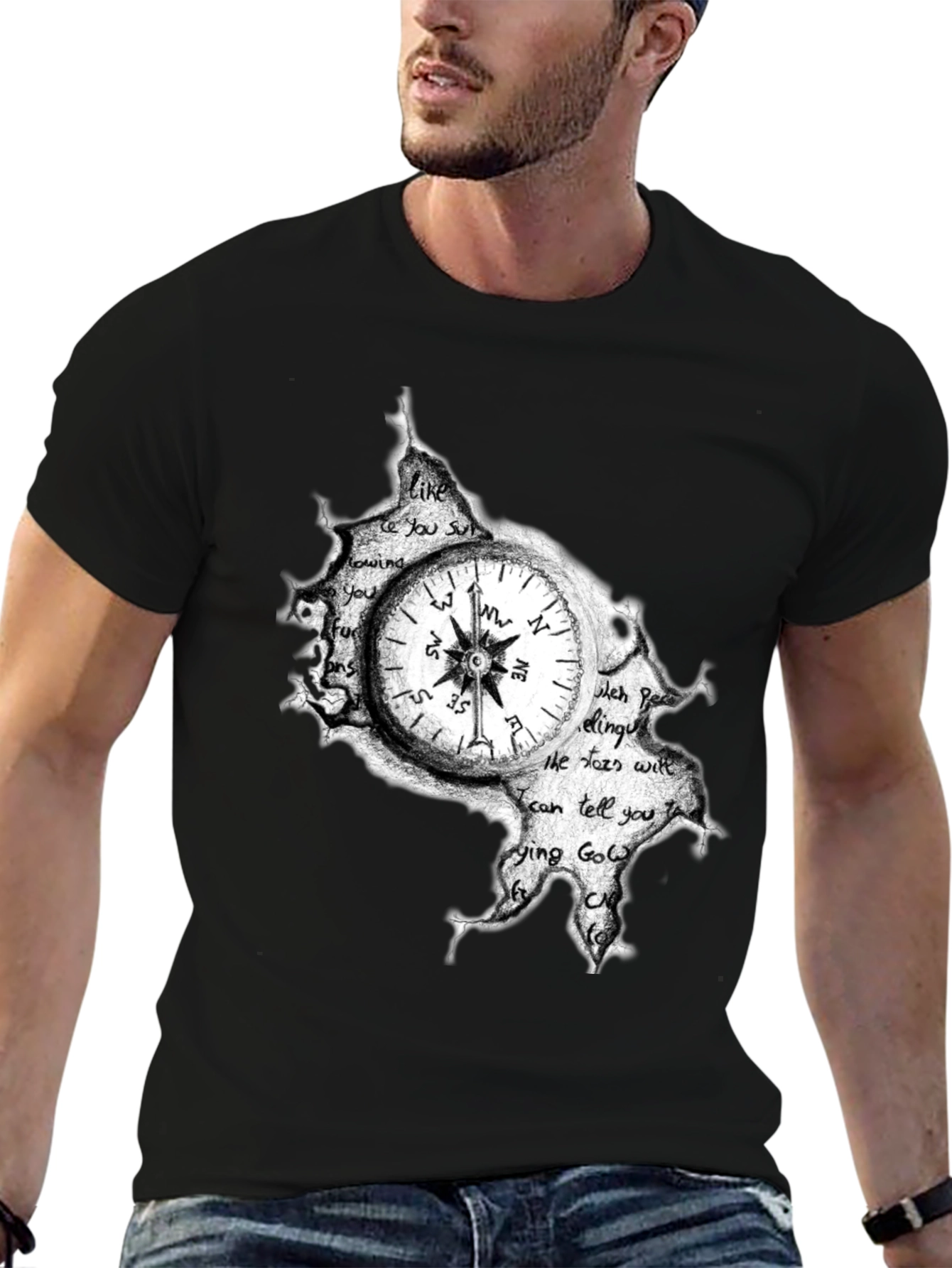 Compass Graphic Print Mens Black T-Shirt