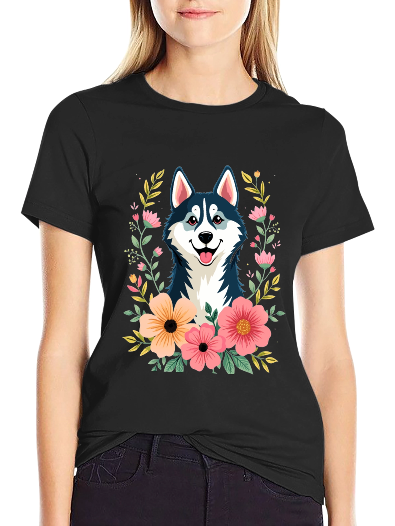 Husky Floral T-Shirt - Black Graphic Tee