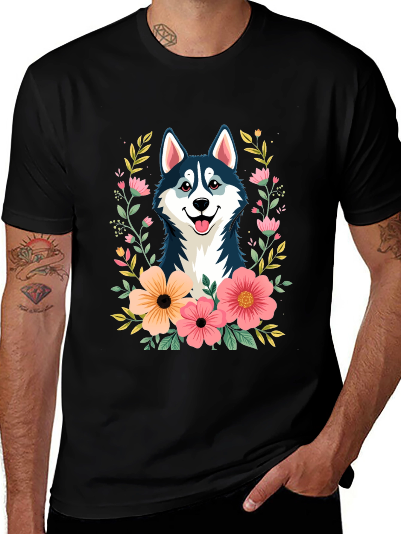 Husky Floral T-Shirt - Black Graphic Tee