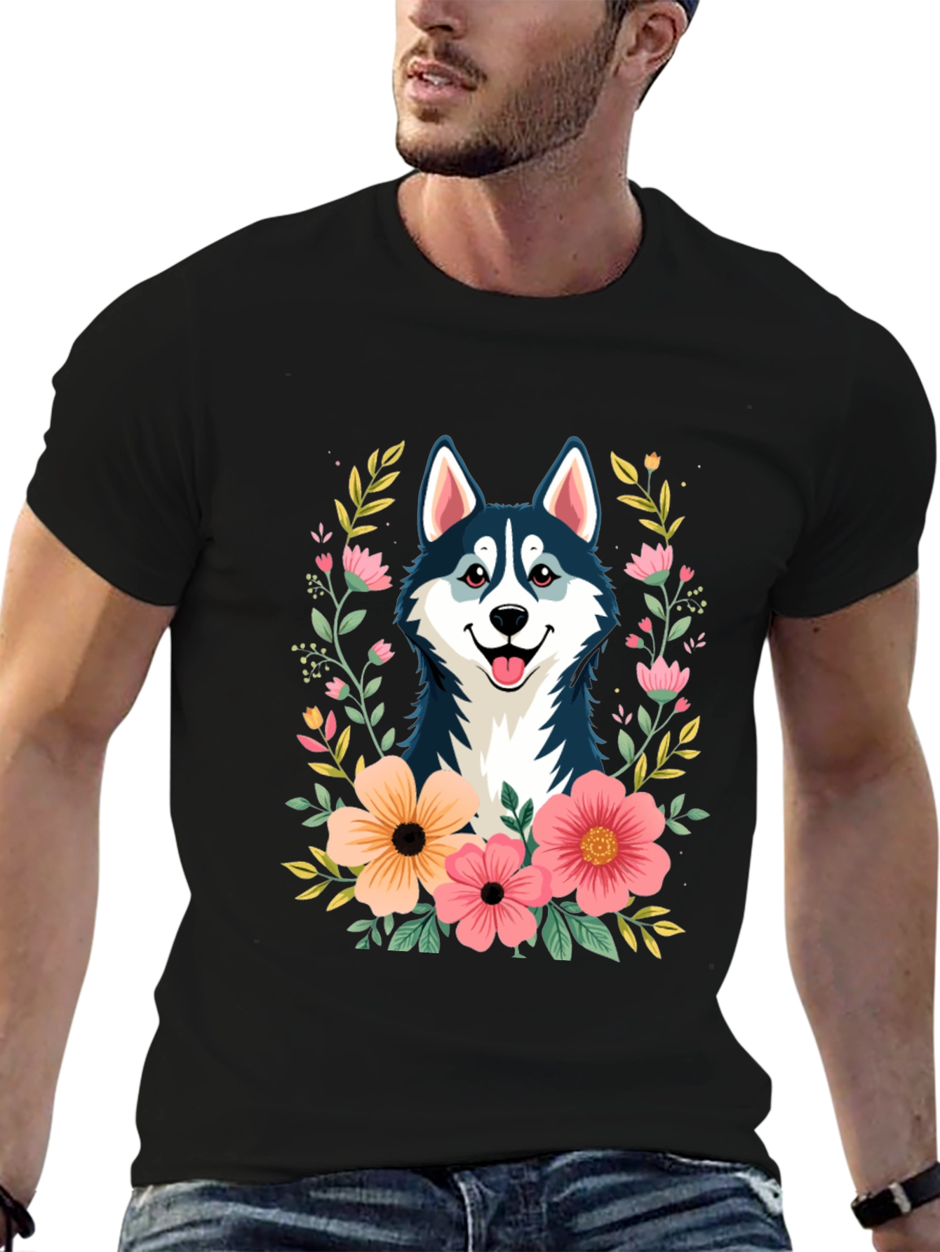 Husky Floral T-Shirt - Black Graphic Tee