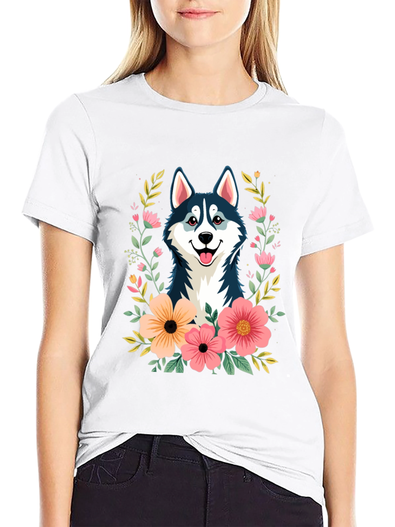 Husky Floral T-Shirt - Black Graphic Tee