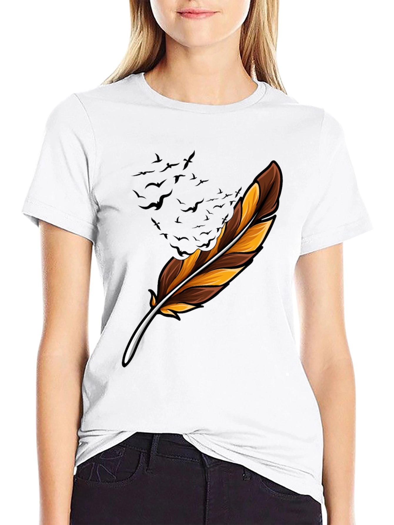 Feather & Birds Graphic Black T-Shirt