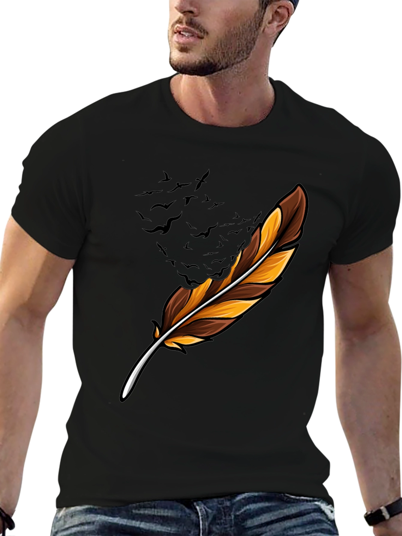 Feather & Birds Graphic Black T-Shirt