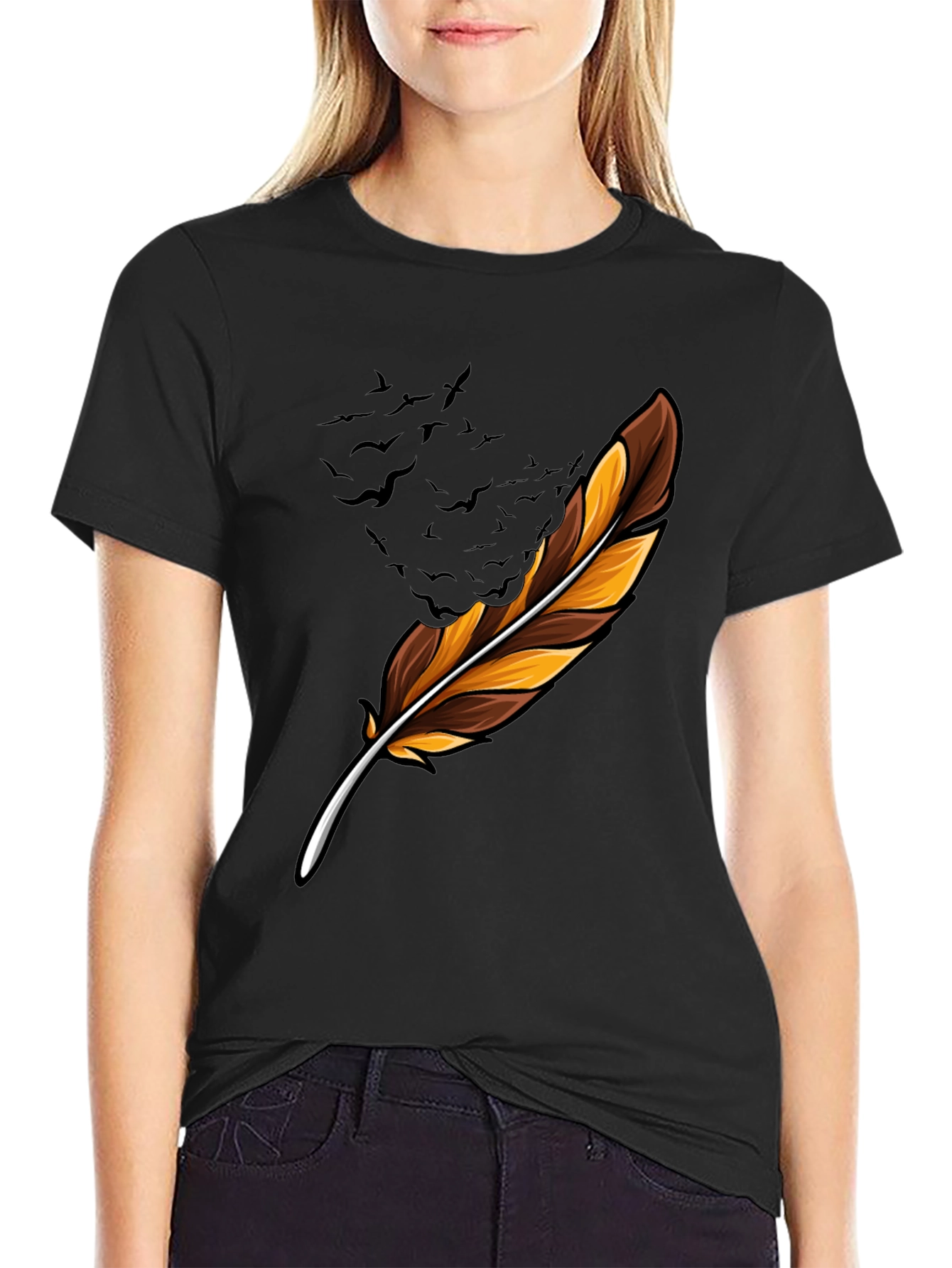 Feather & Birds Graphic Black T-Shirt
