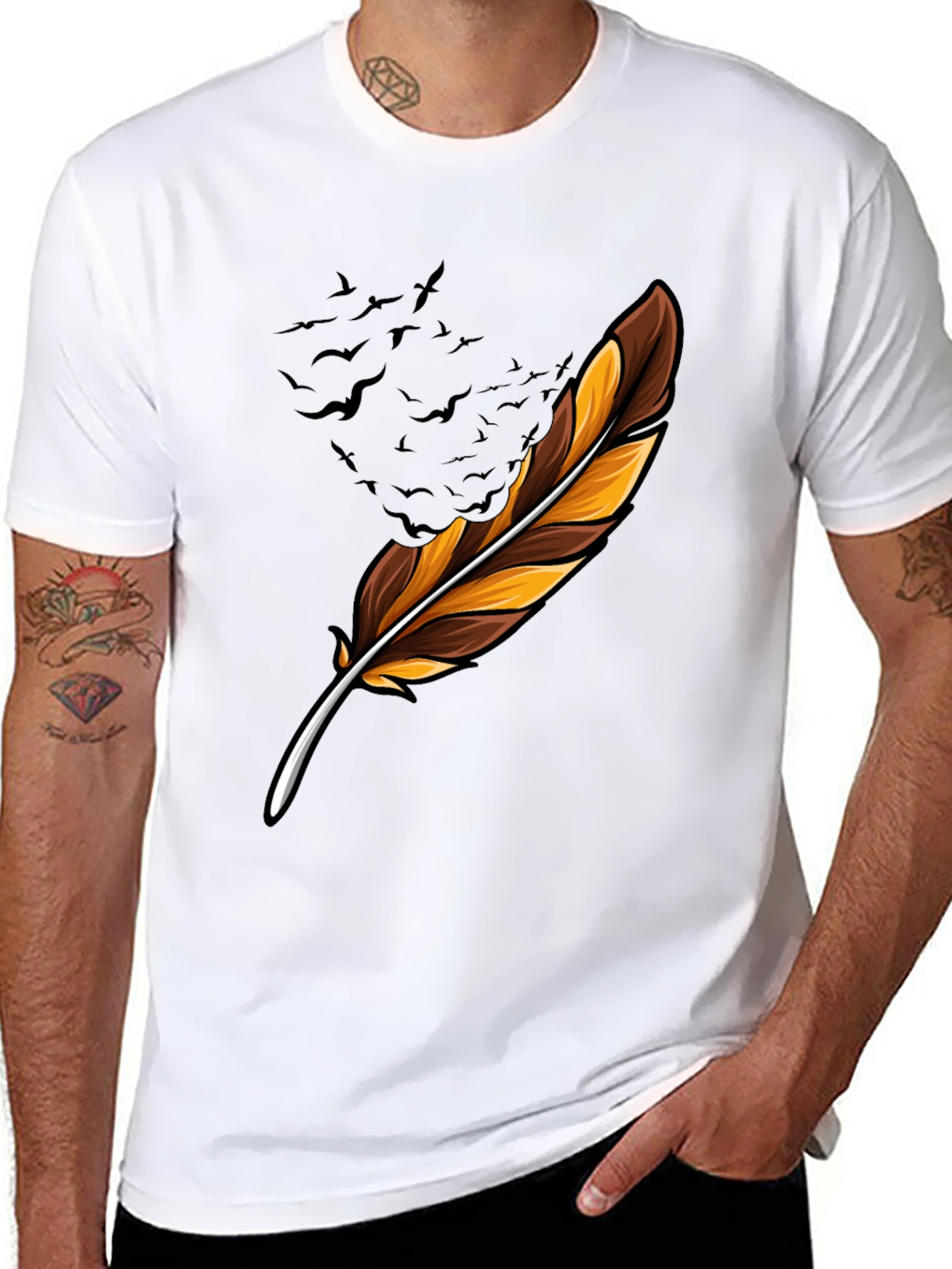 Feather & Birds Graphic Black T-Shirt