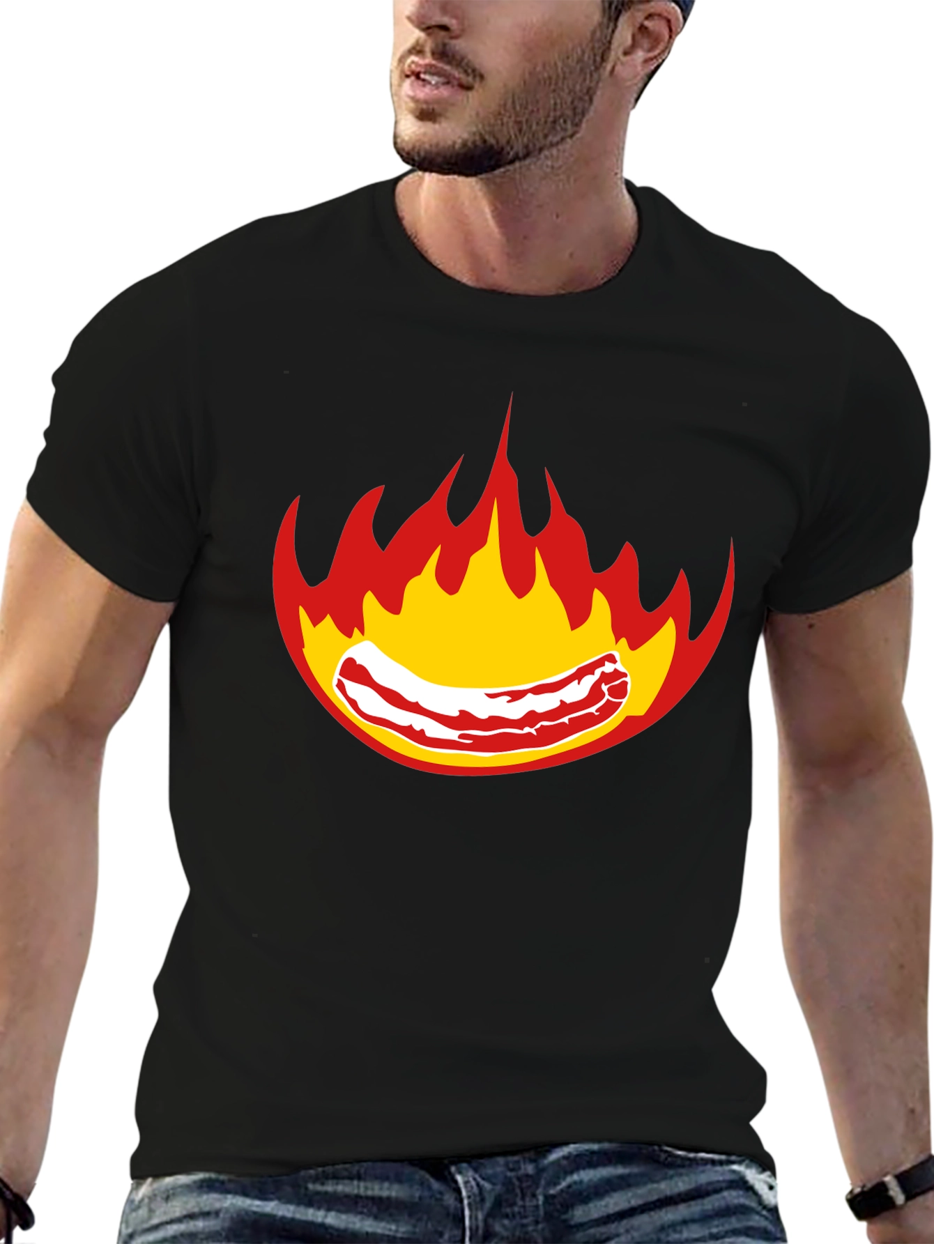 Flaming Bacon Graphic T-Shirt - Bold Black Tee