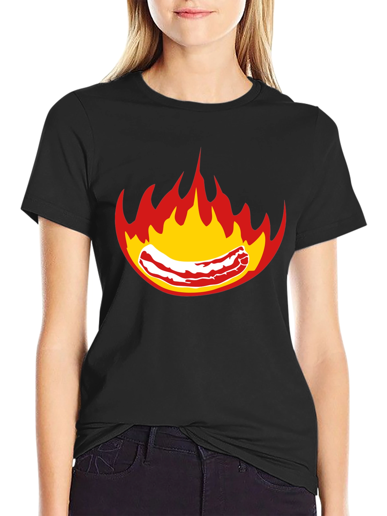 Flaming Bacon Graphic T-Shirt - Bold Black Tee