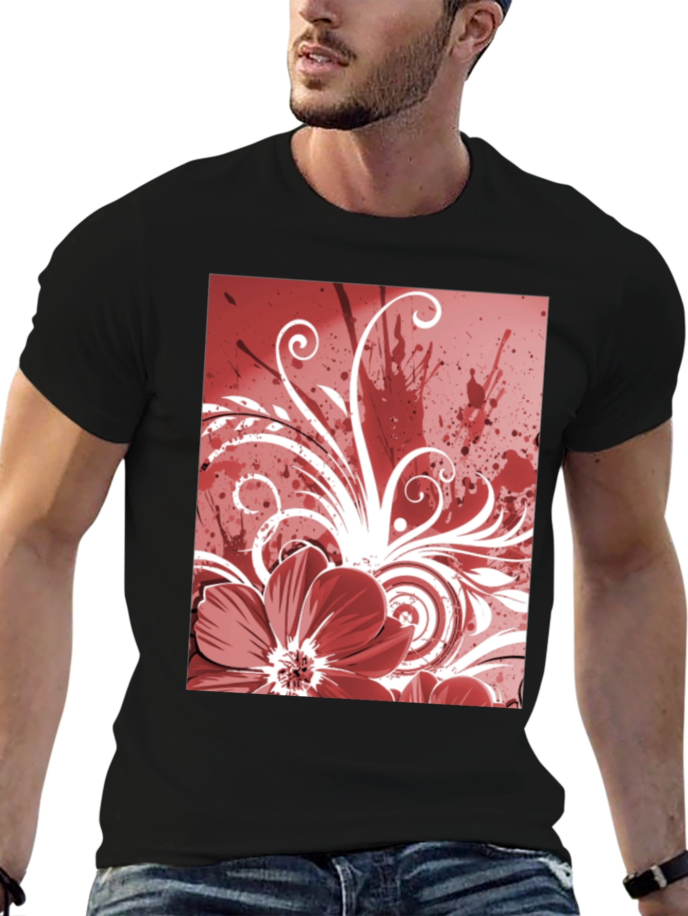 Floral Graphic Print T-Shirt - Black