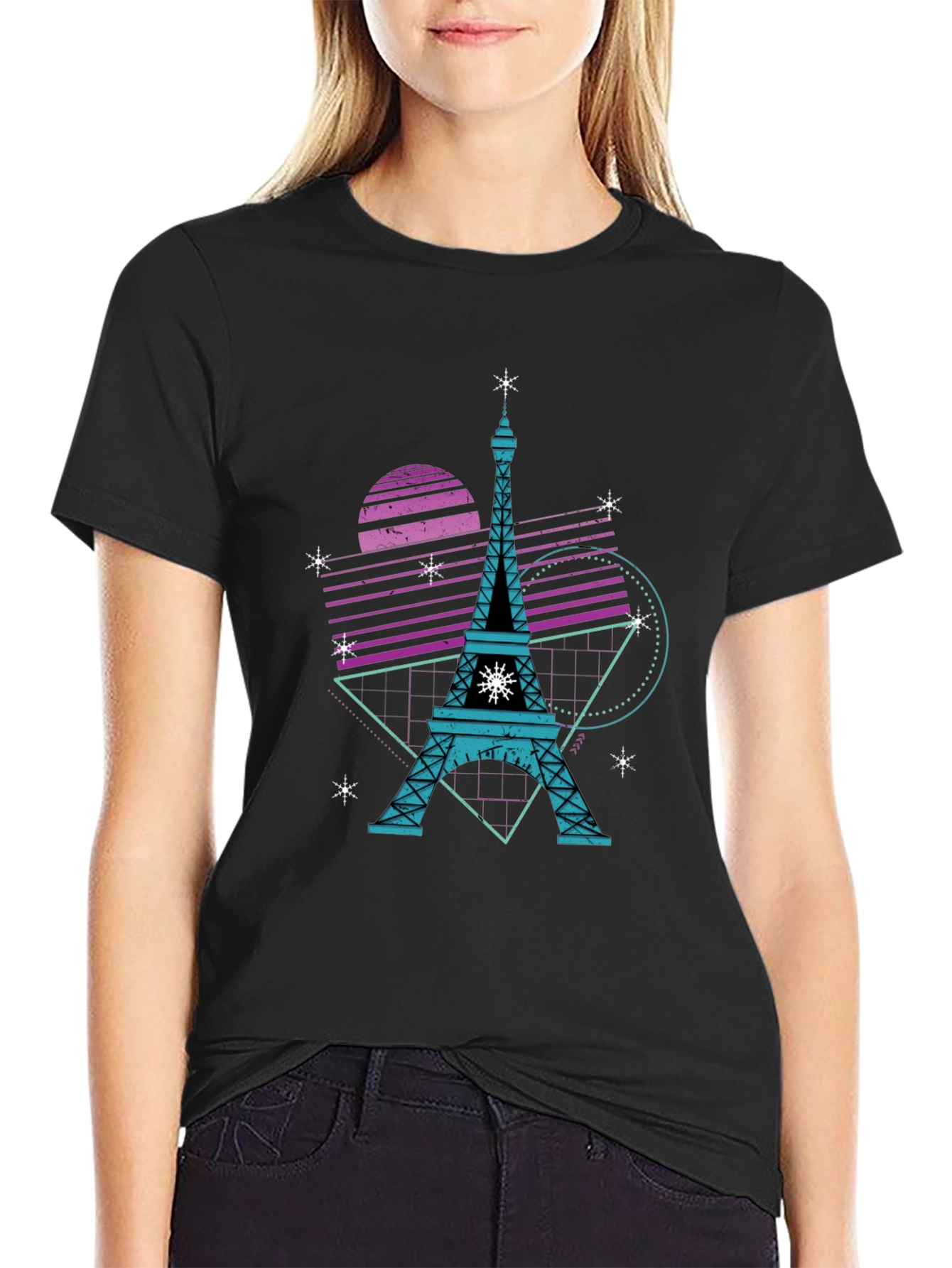 Retro Eiffel Tower Graphic Tee - Black Cotton T-Shirt