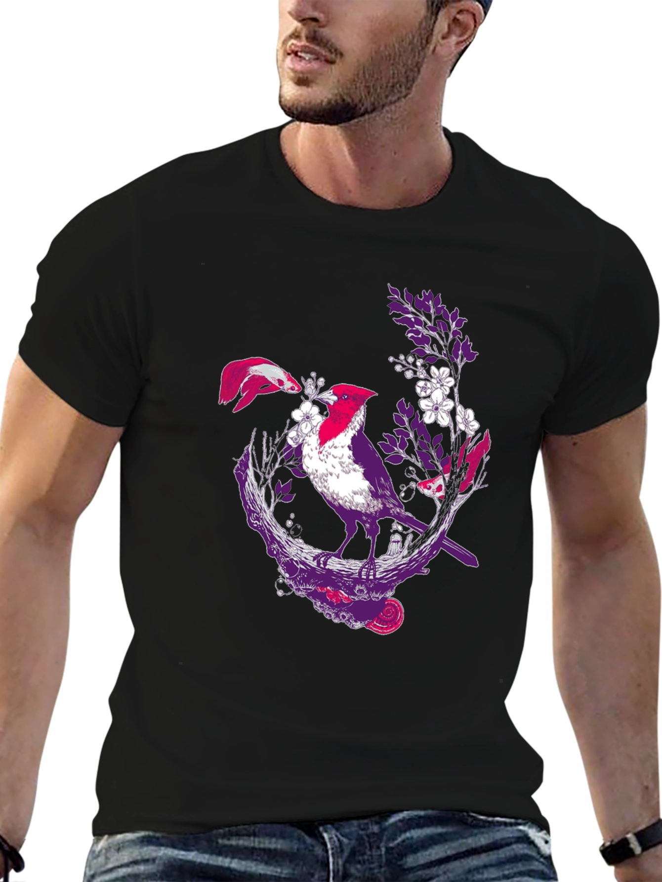 Bird & Koi Graphic Tee - Artistic Print