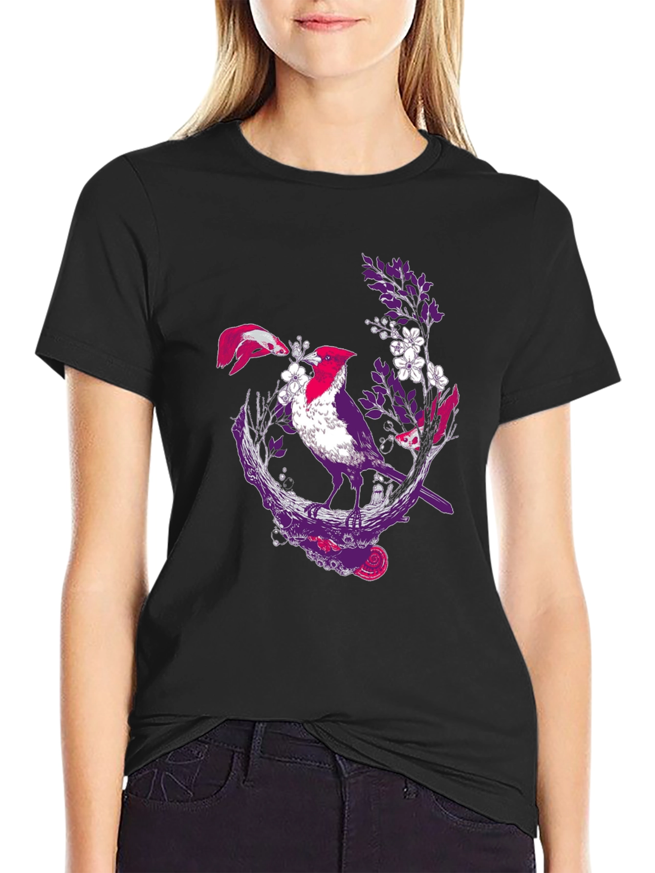 Bird & Koi Graphic Tee - Artistic Print