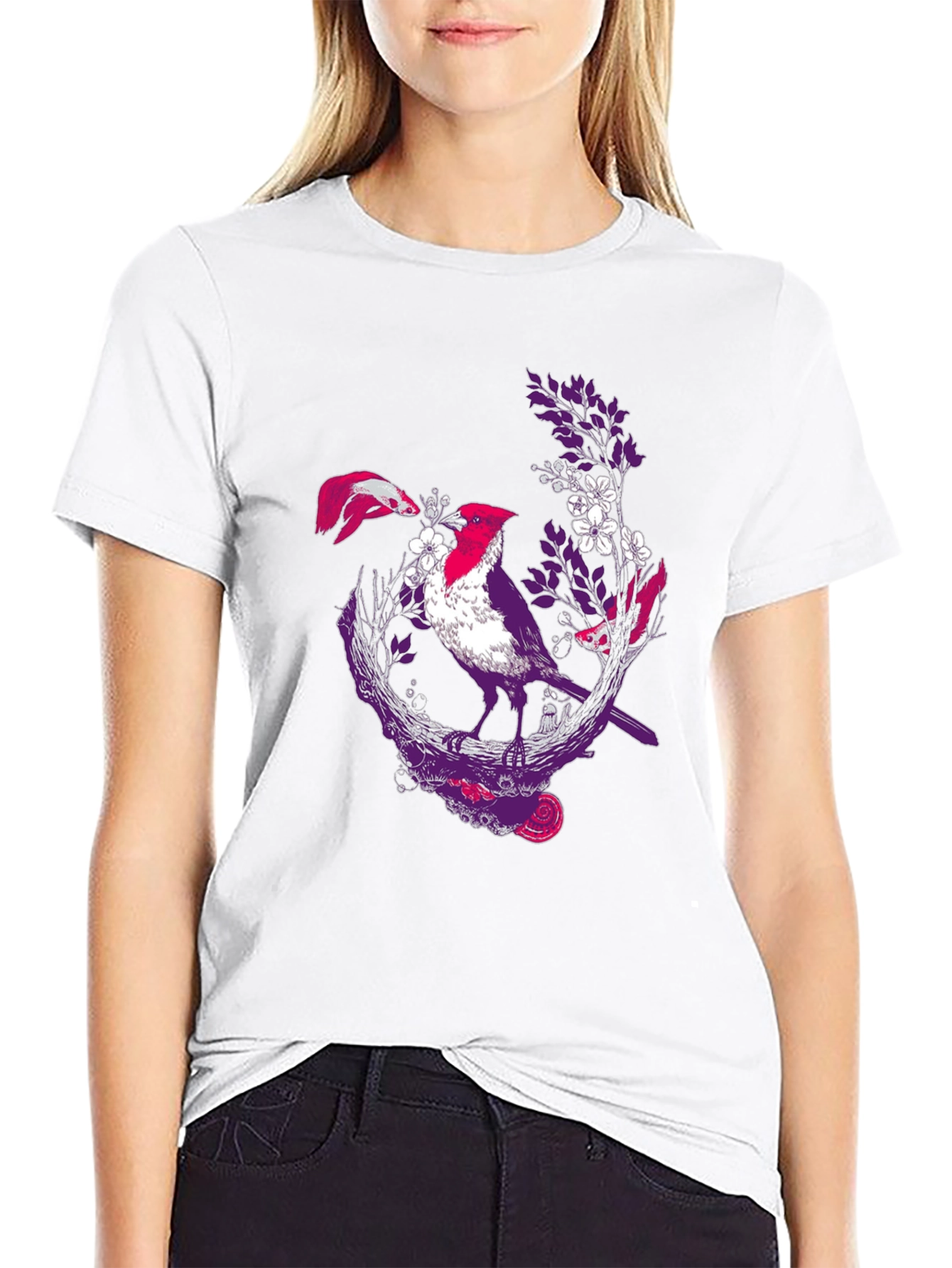 Bird & Koi Graphic Tee - Artistic Print