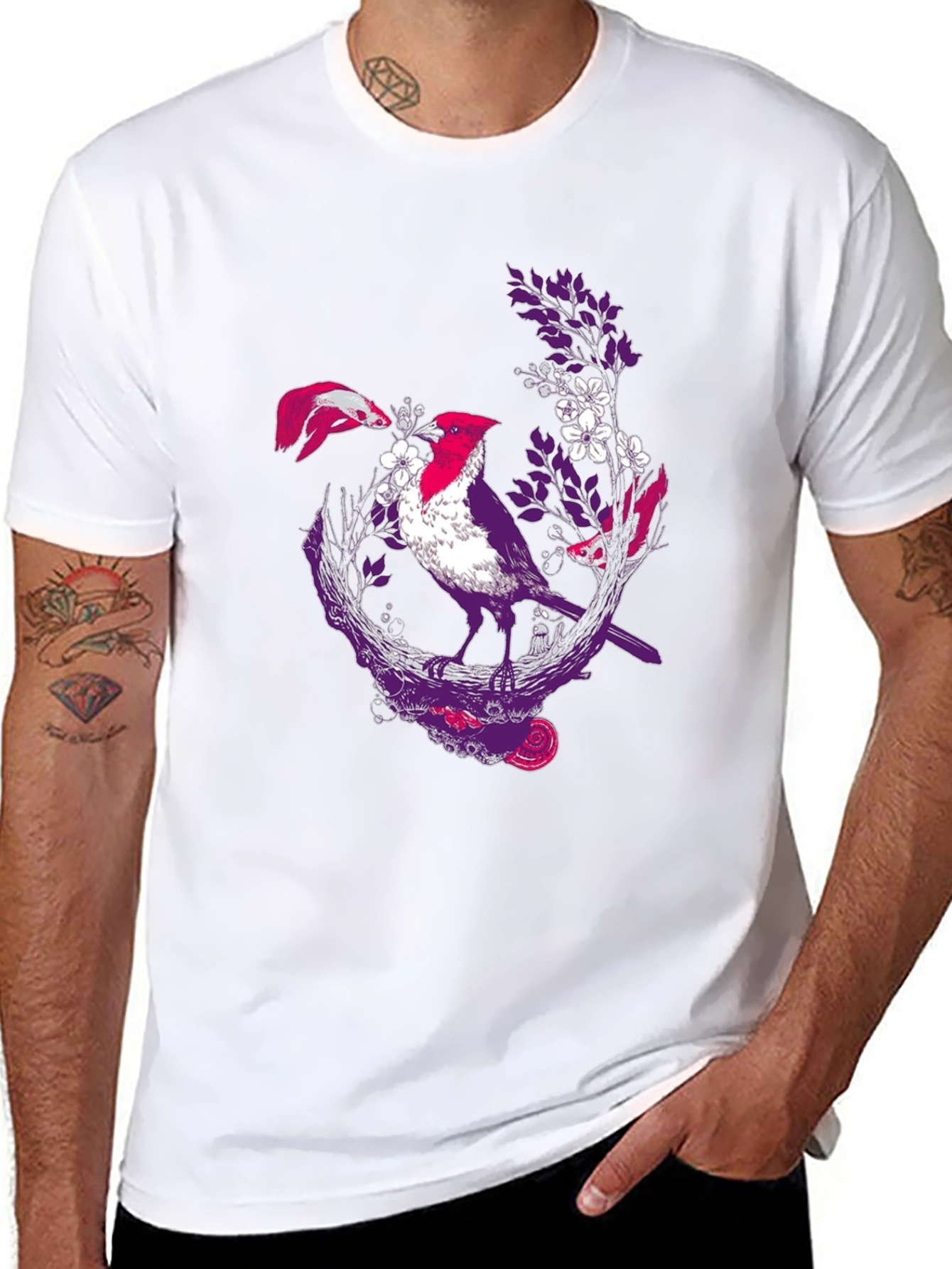 Bird & Koi Graphic Tee - Artistic Print