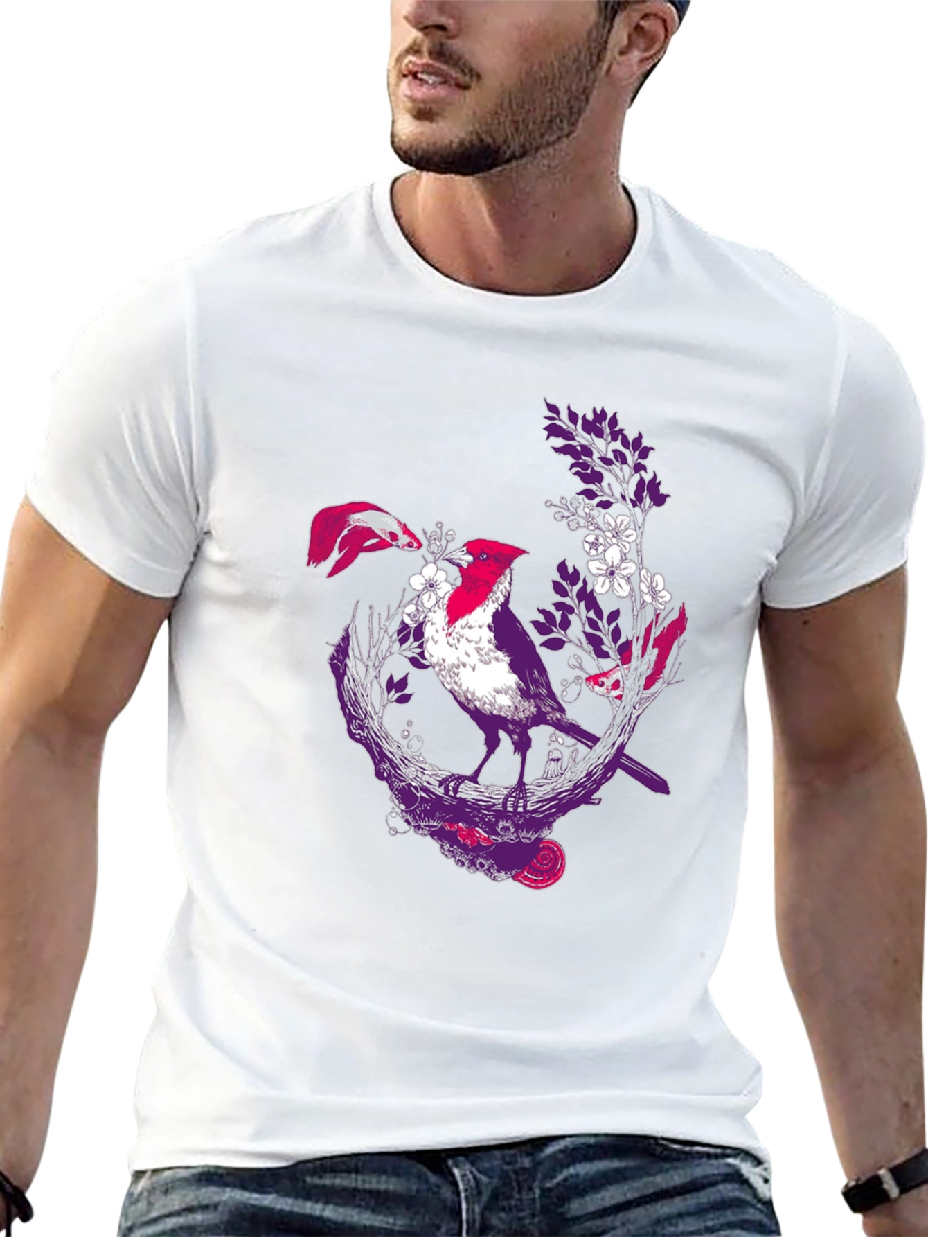 Bird & Koi Graphic Tee - Artistic Print
