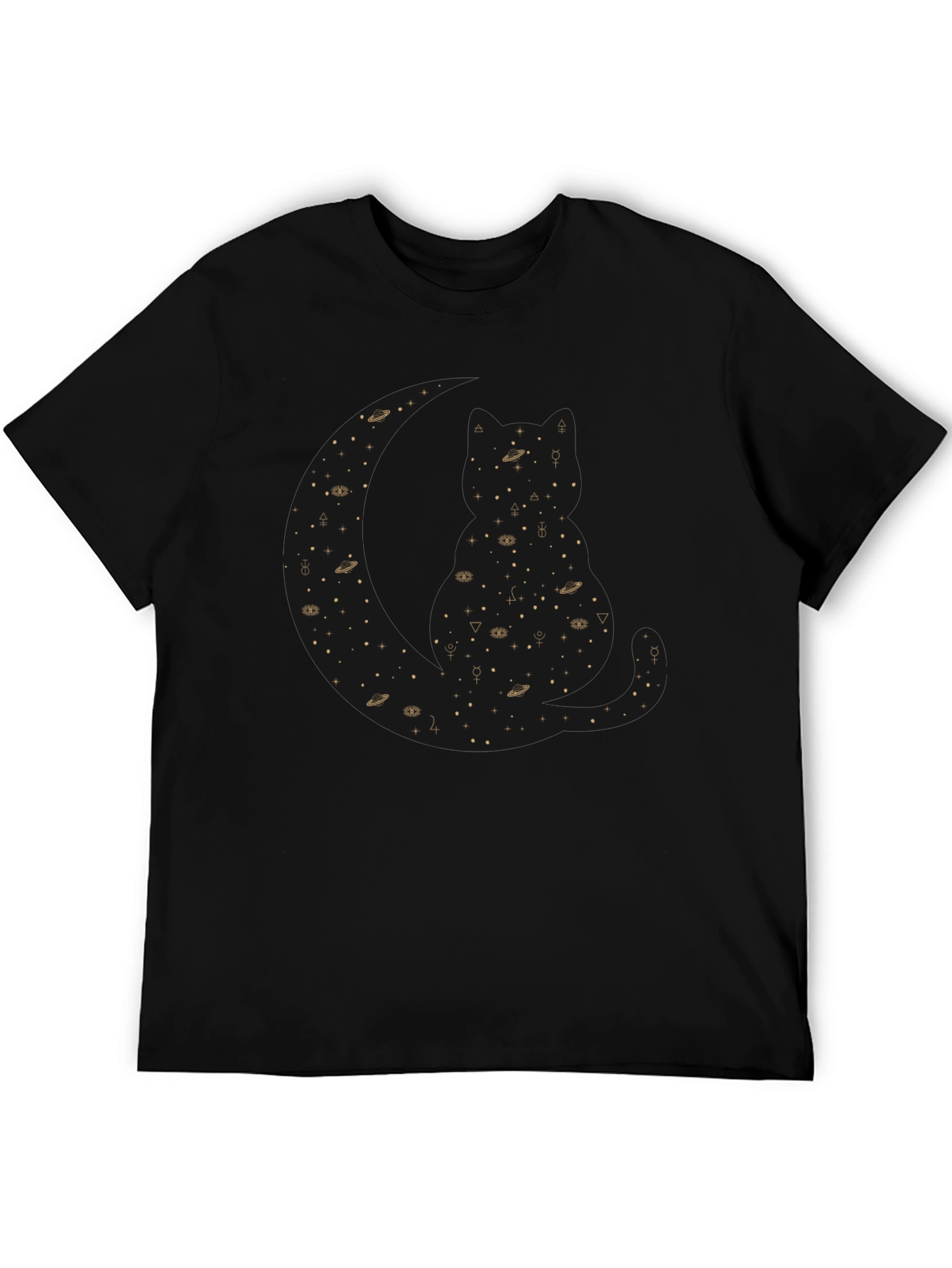 Celestial Cat Black T-Shirt - Cosmic Feline Design