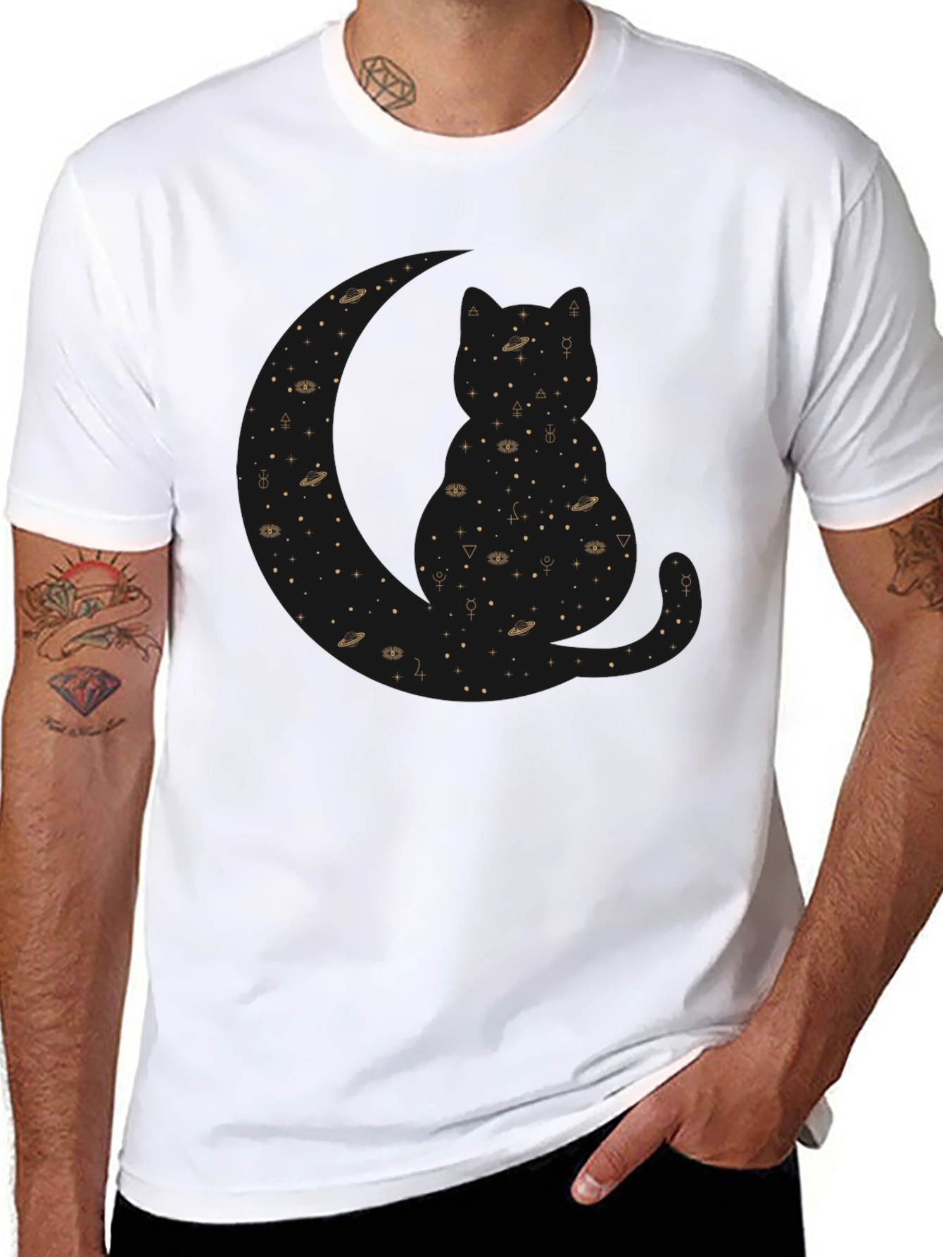 Celestial Cat Black T-Shirt - Cosmic Feline Design