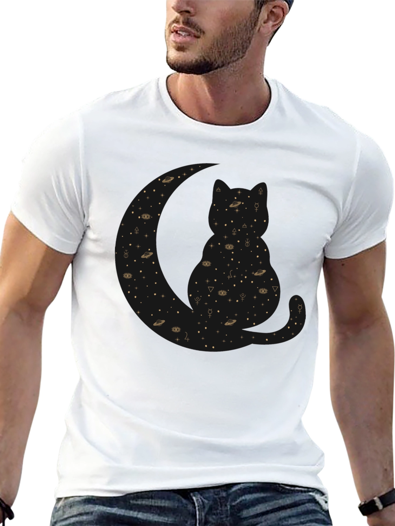 Celestial Cat Black T-Shirt - Cosmic Feline Design