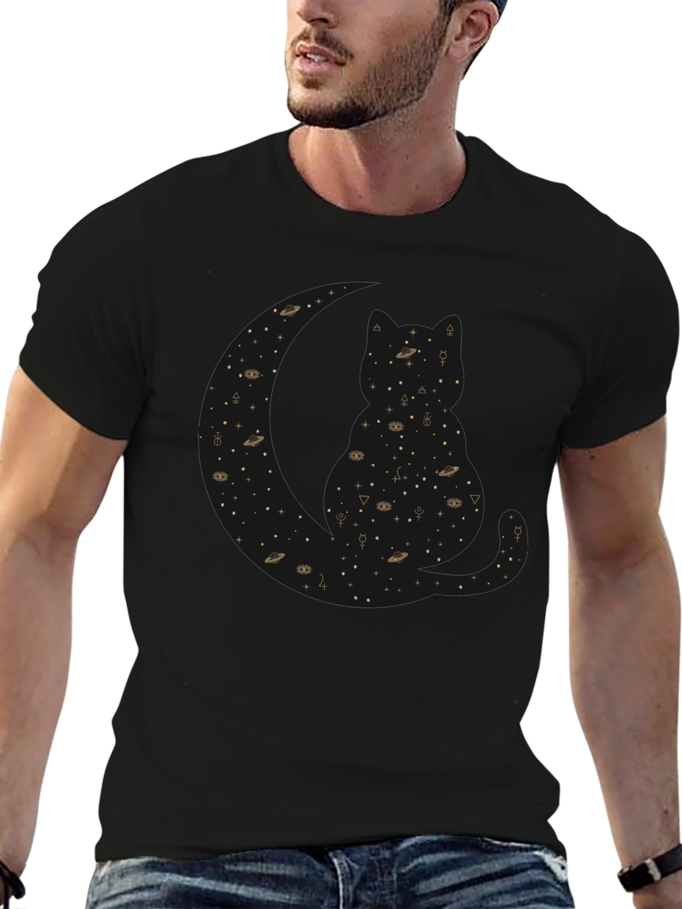 Celestial Cat Black T-Shirt - Cosmic Feline Design