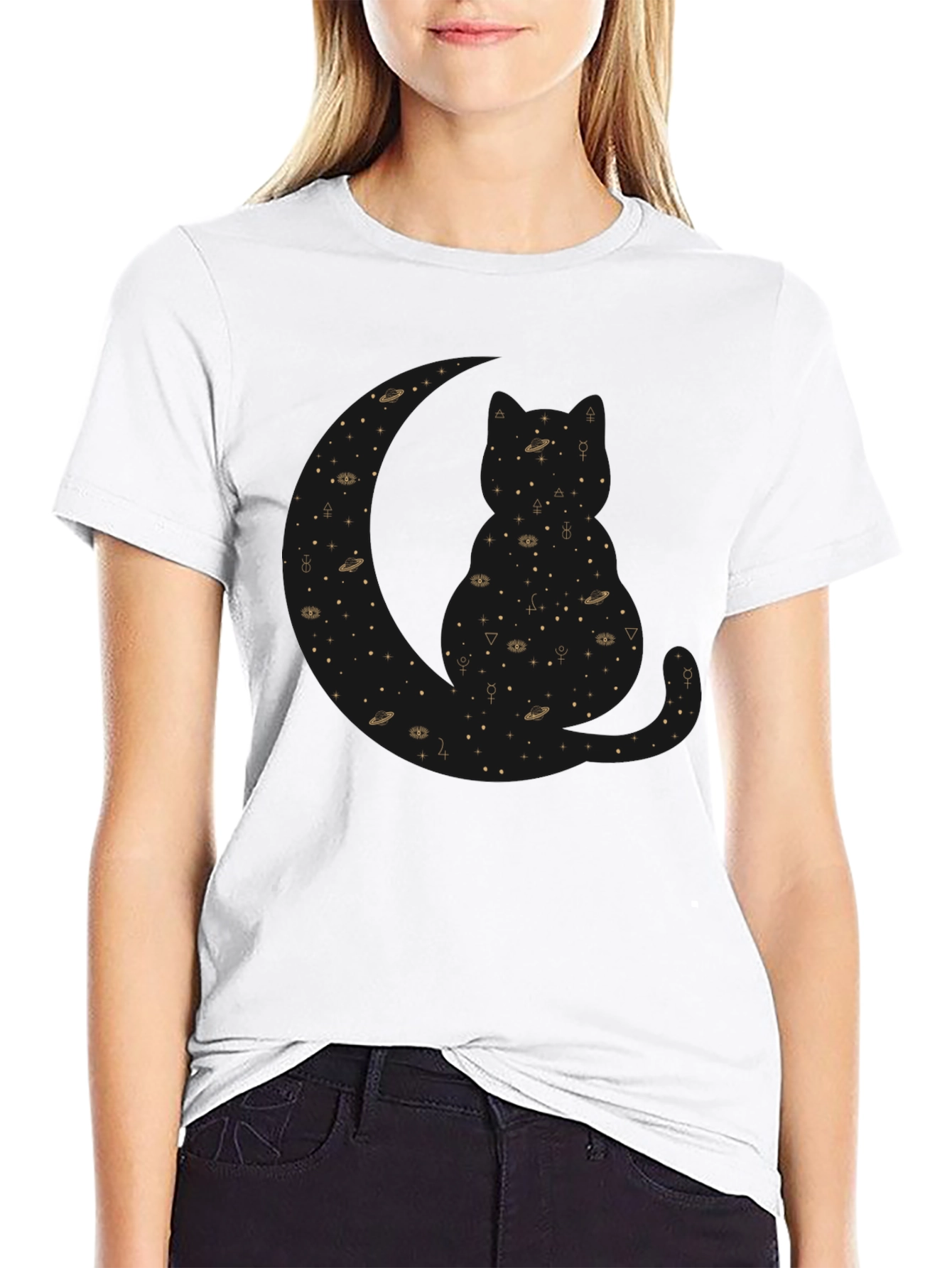 Celestial Cat Black T-Shirt - Cosmic Feline Design