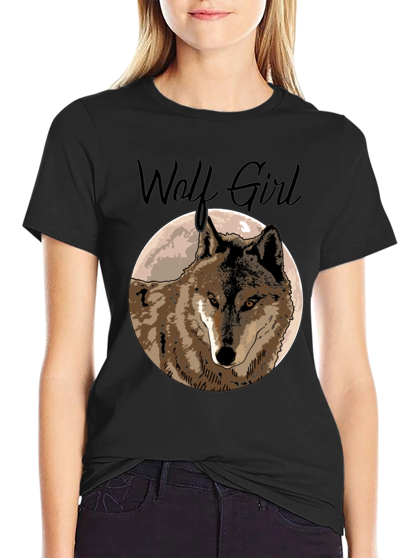 Wolf Girl Graphic Tee - Black Cotton T-Shirt