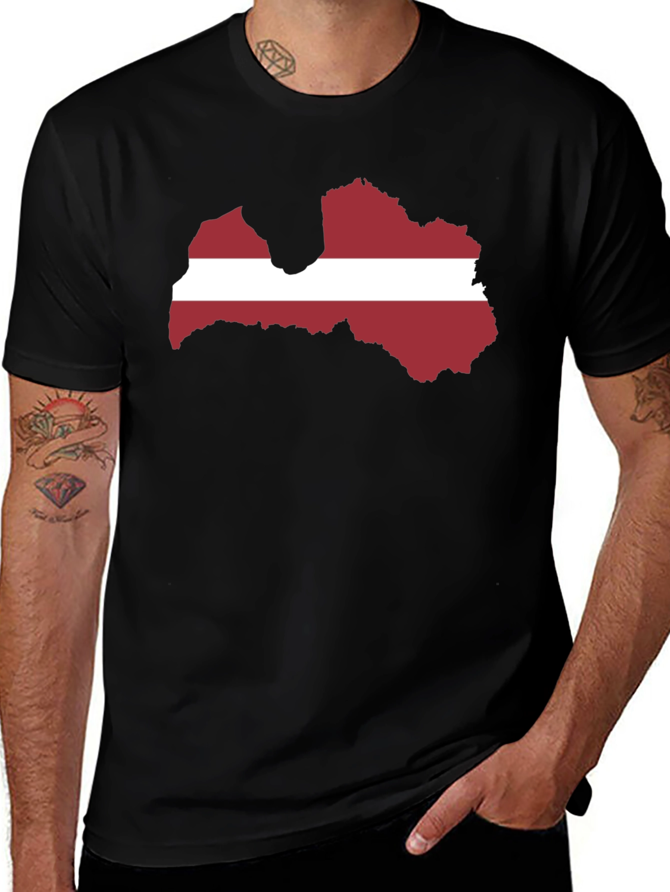 Latvia Flag Map Graphic Tee - Black