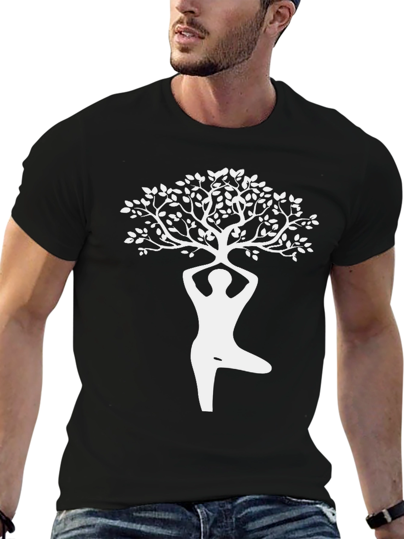 Yoga Tree Pose Graphic Tee - Black Cotton Shirt