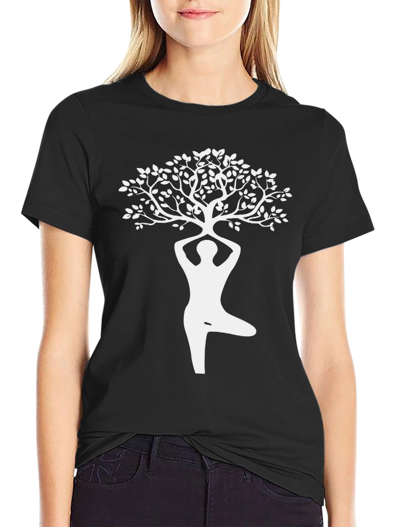 Yoga Tree Pose Graphic Tee - Black Cotton Shirt