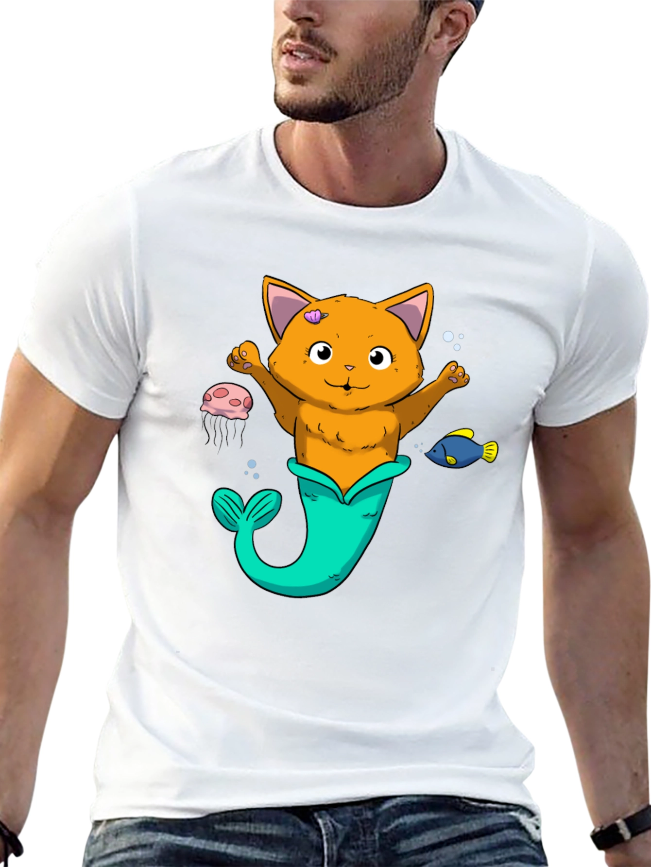 Cat Mermaid Graphic Tee - Black Unisex Shirt