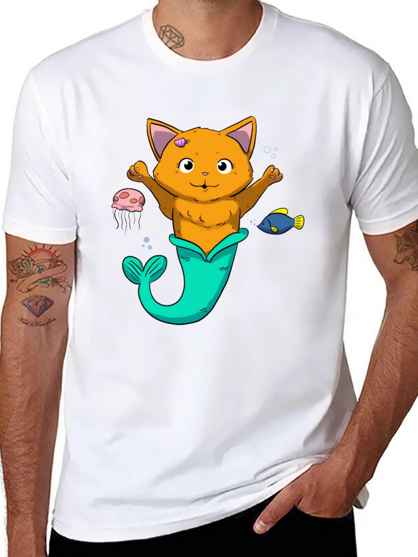 Cat Mermaid Graphic Tee - Black Unisex Shirt