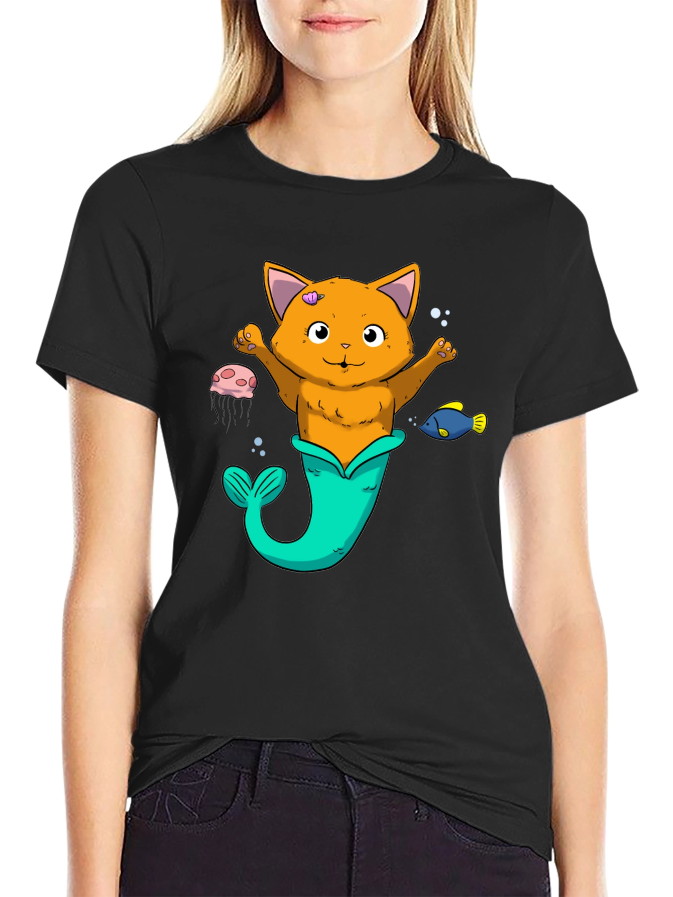 Cat Mermaid Graphic Tee - Black Unisex Shirt