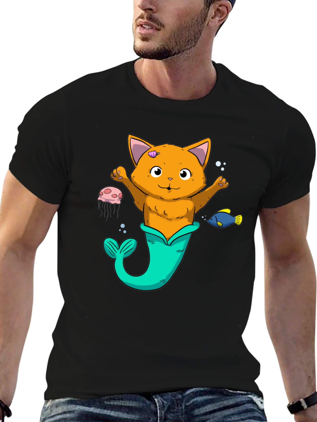 Cat Mermaid Graphic Tee - Black Unisex Shirt