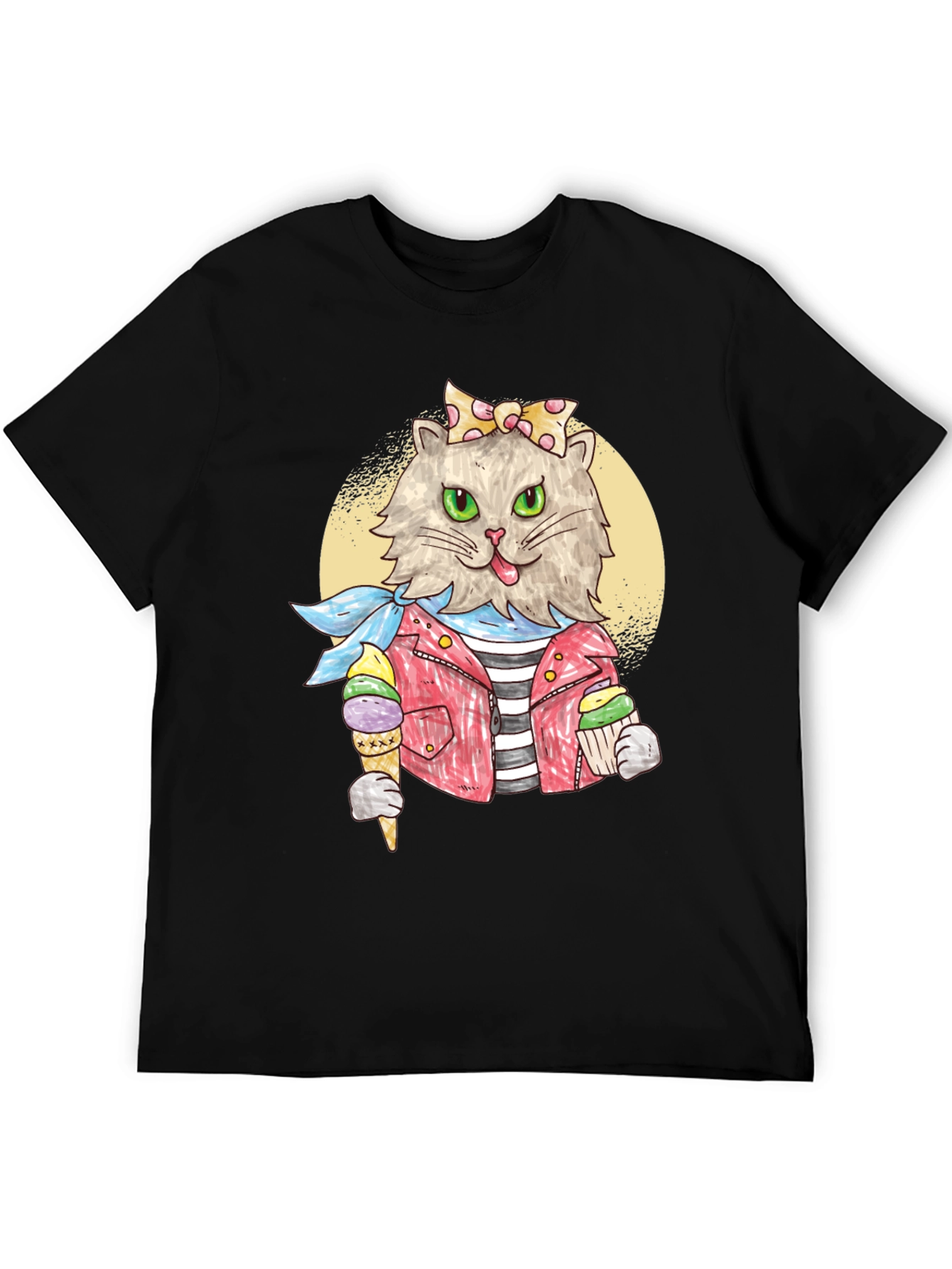 Cat with Ice Cream Black T-Shirt