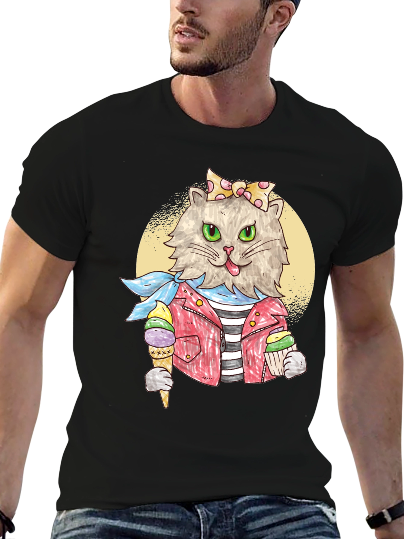 Cat with Ice Cream Black T-Shirt
