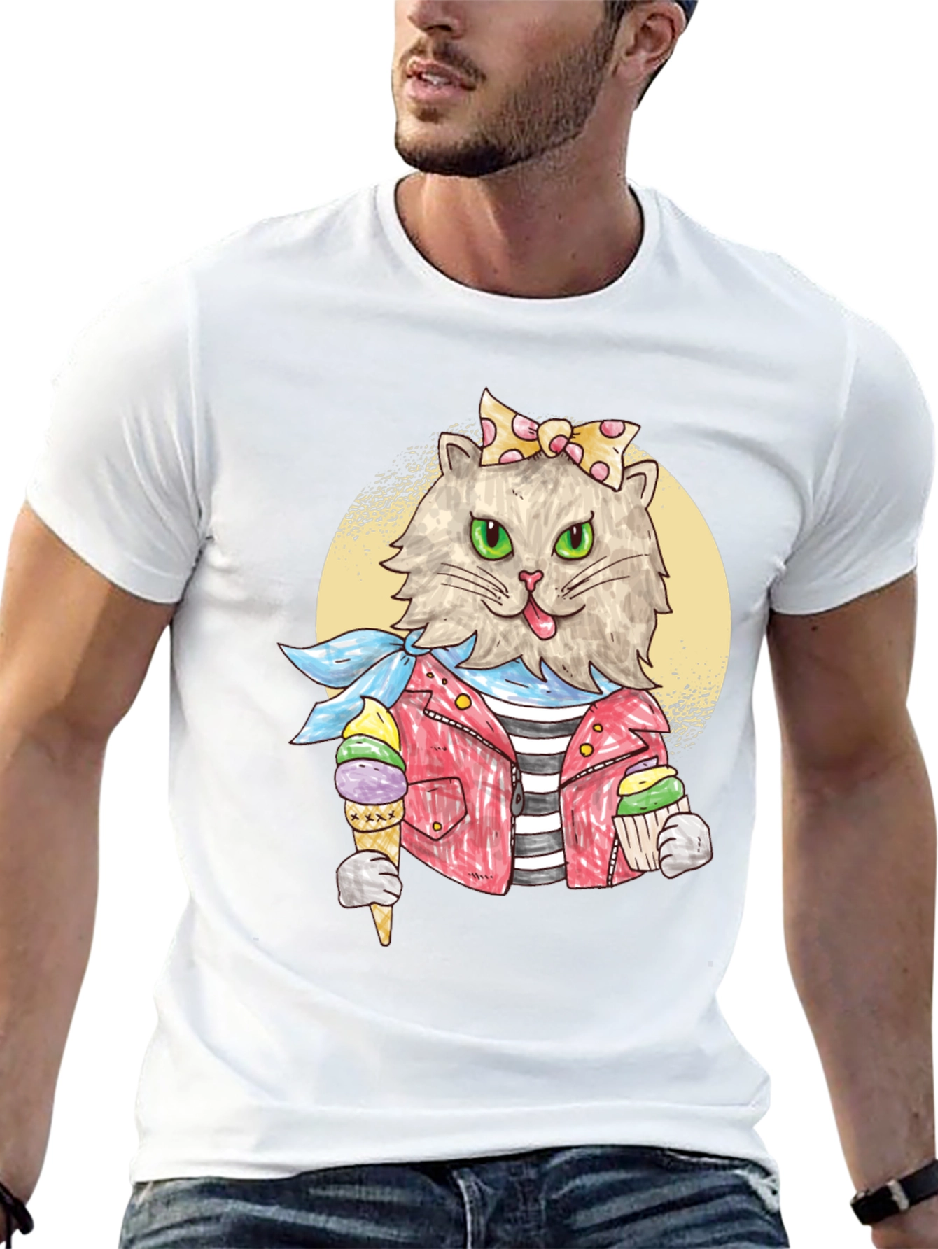 Cat with Ice Cream Black T-Shirt