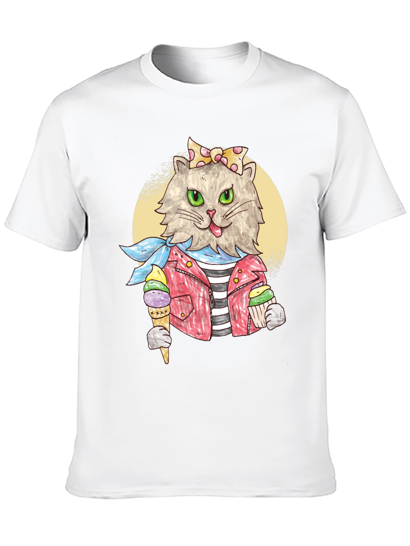 Cat with Ice Cream Black T-Shirt
