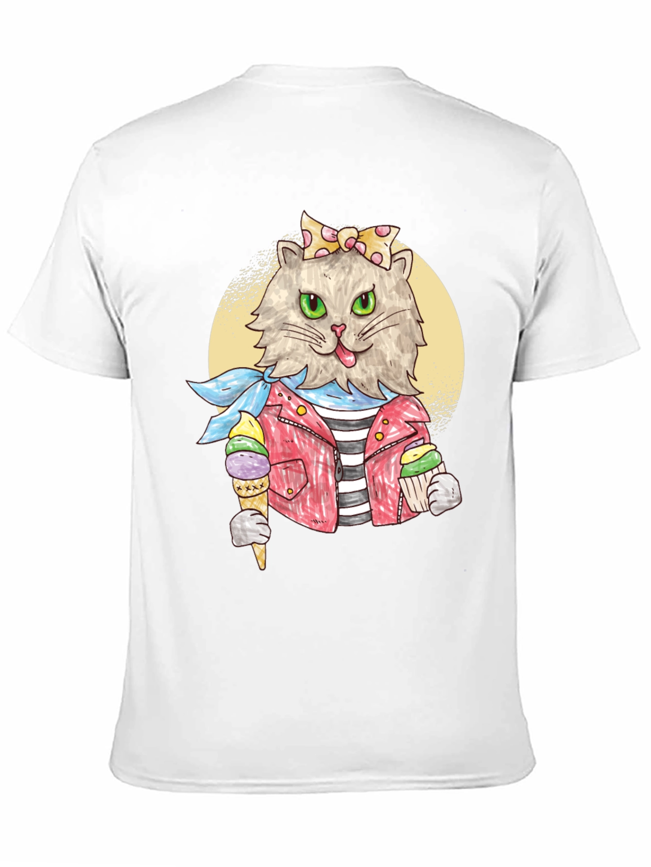 Cat with Ice Cream Black T-Shirt