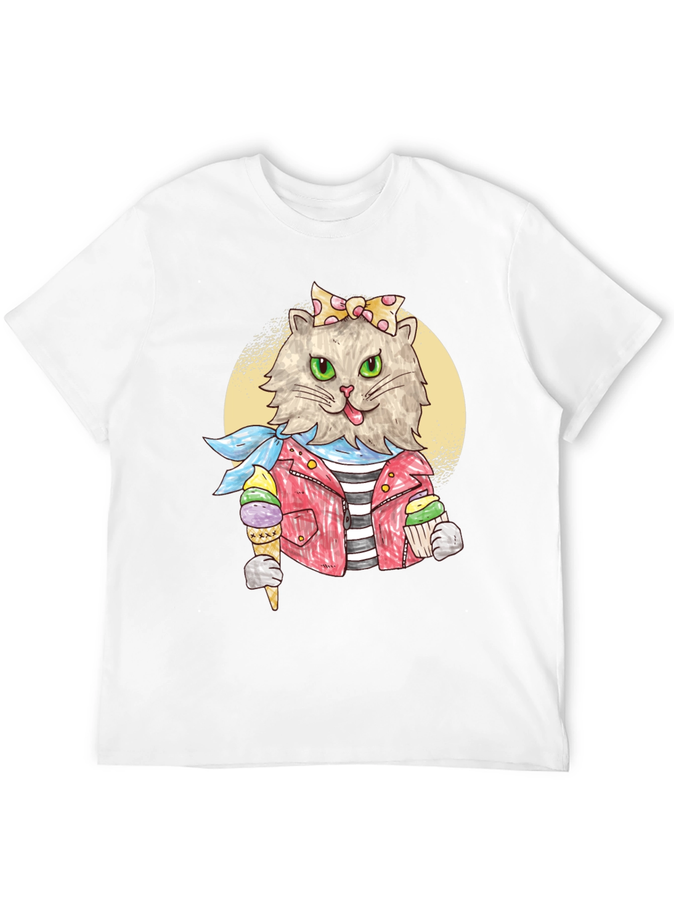 Cat with Ice Cream Black T-Shirt