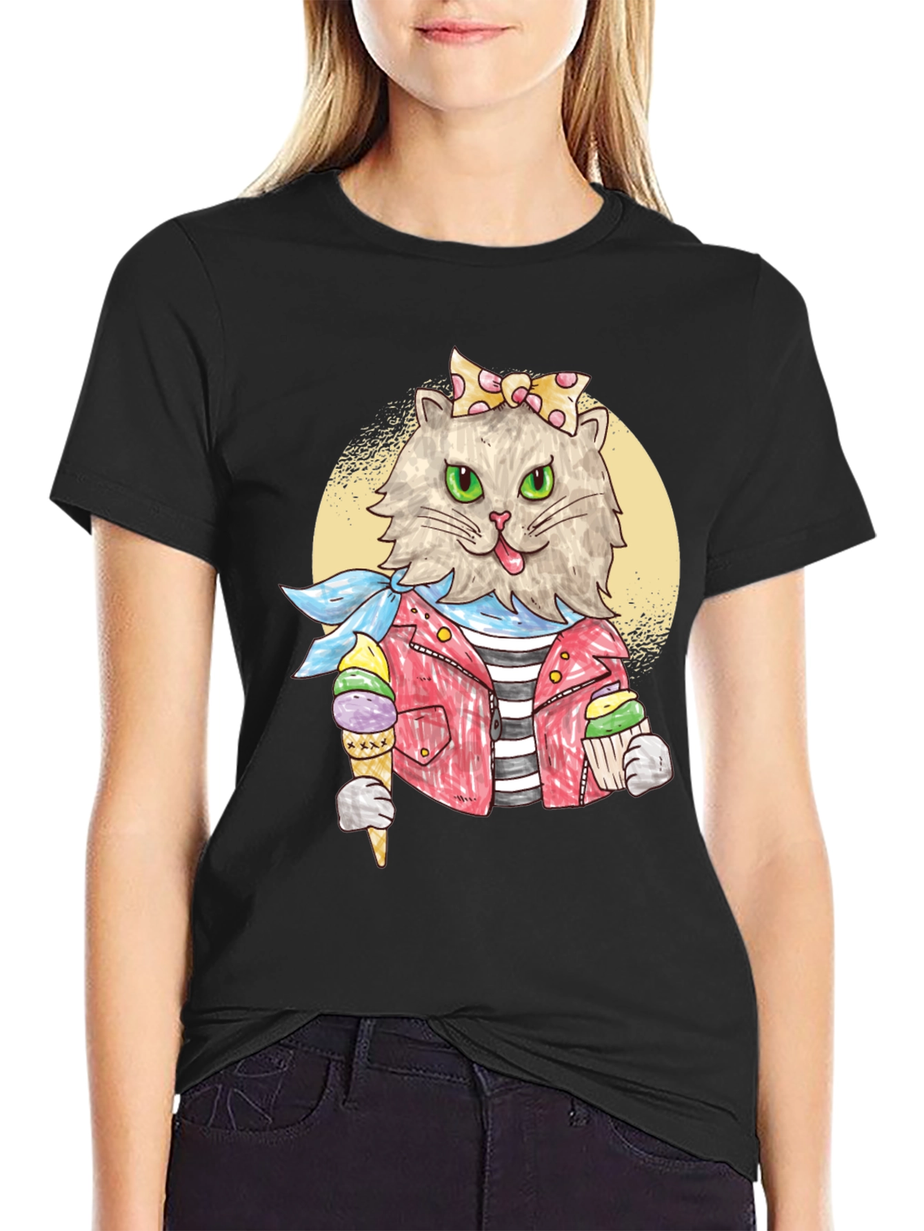 Cat with Ice Cream Black T-Shirt