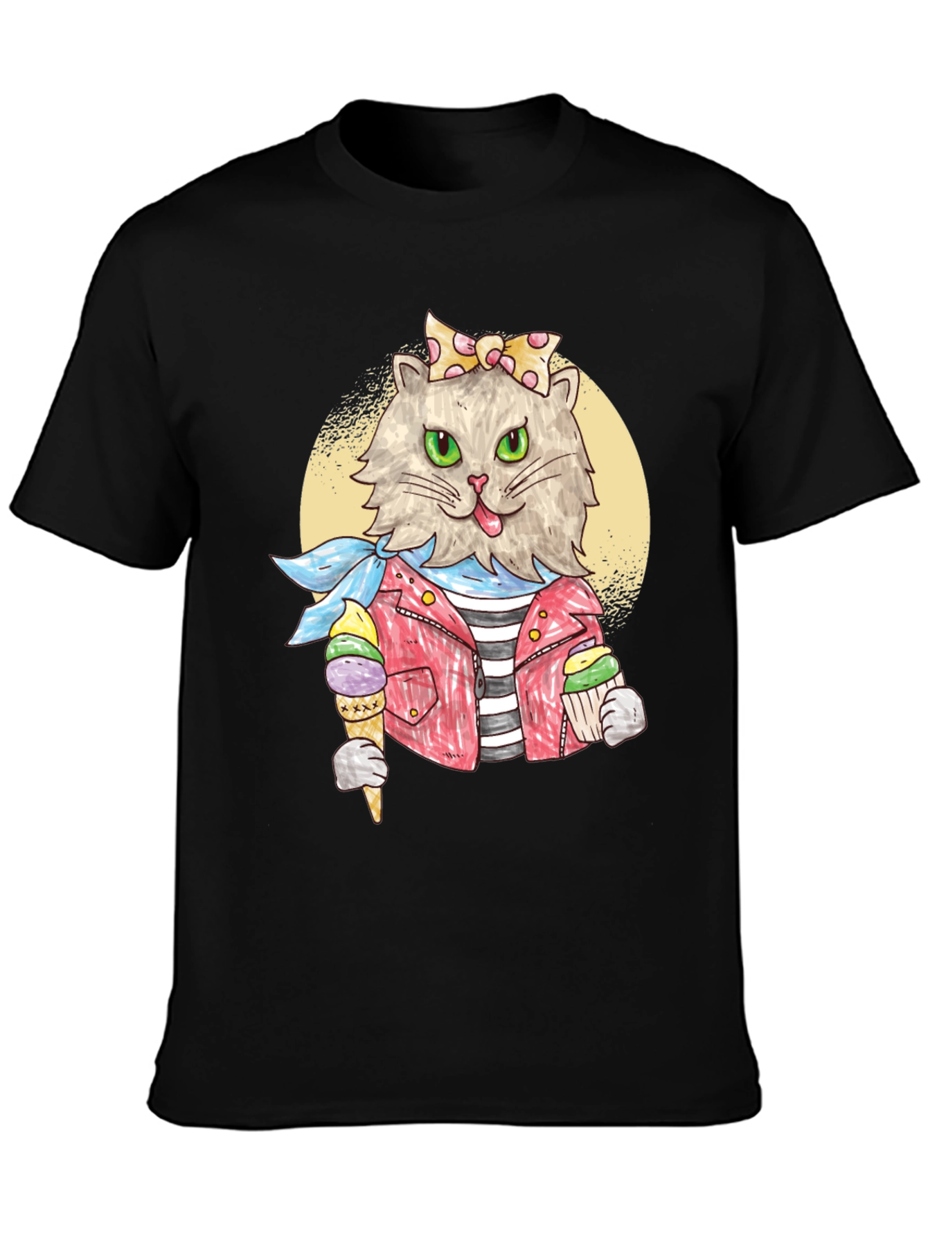 Cat with Ice Cream Black T-Shirt