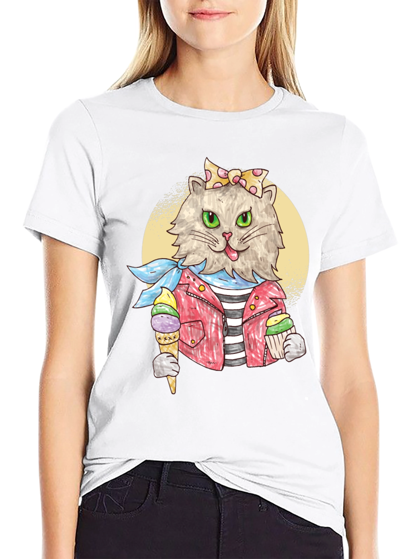 Cat with Ice Cream Black T-Shirt