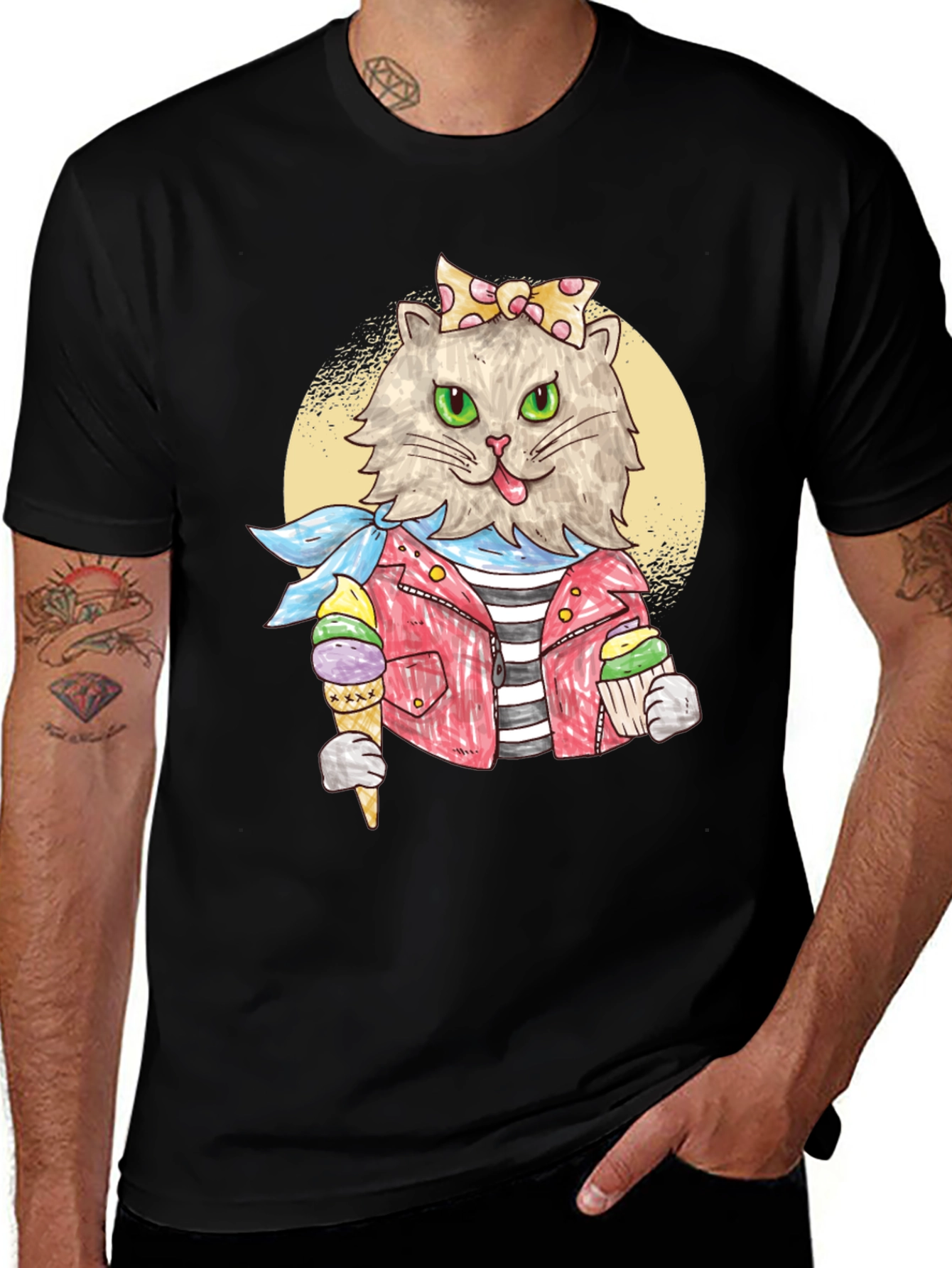 Cat with Ice Cream Black T-Shirt