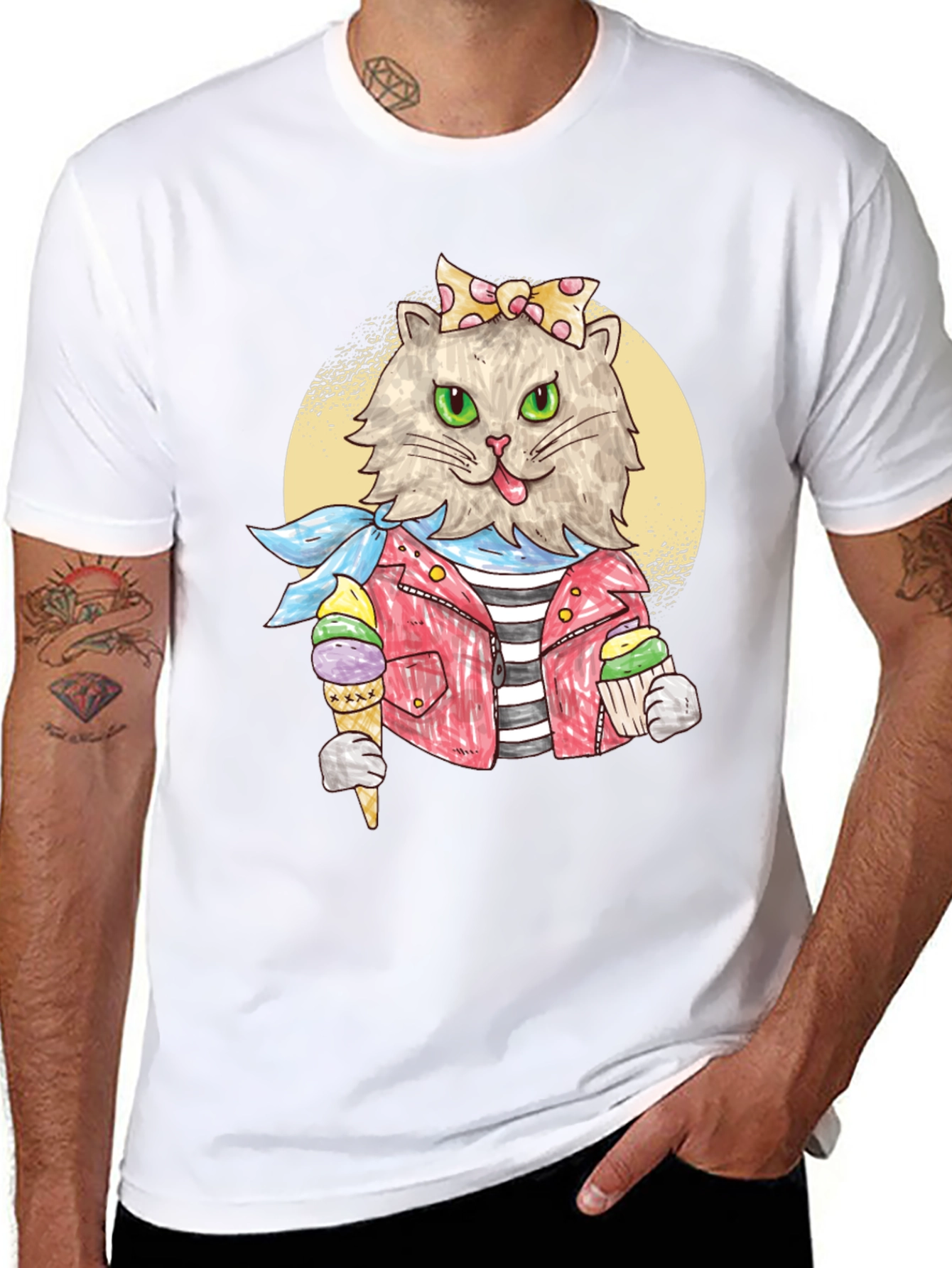 Cat with Ice Cream Black T-Shirt