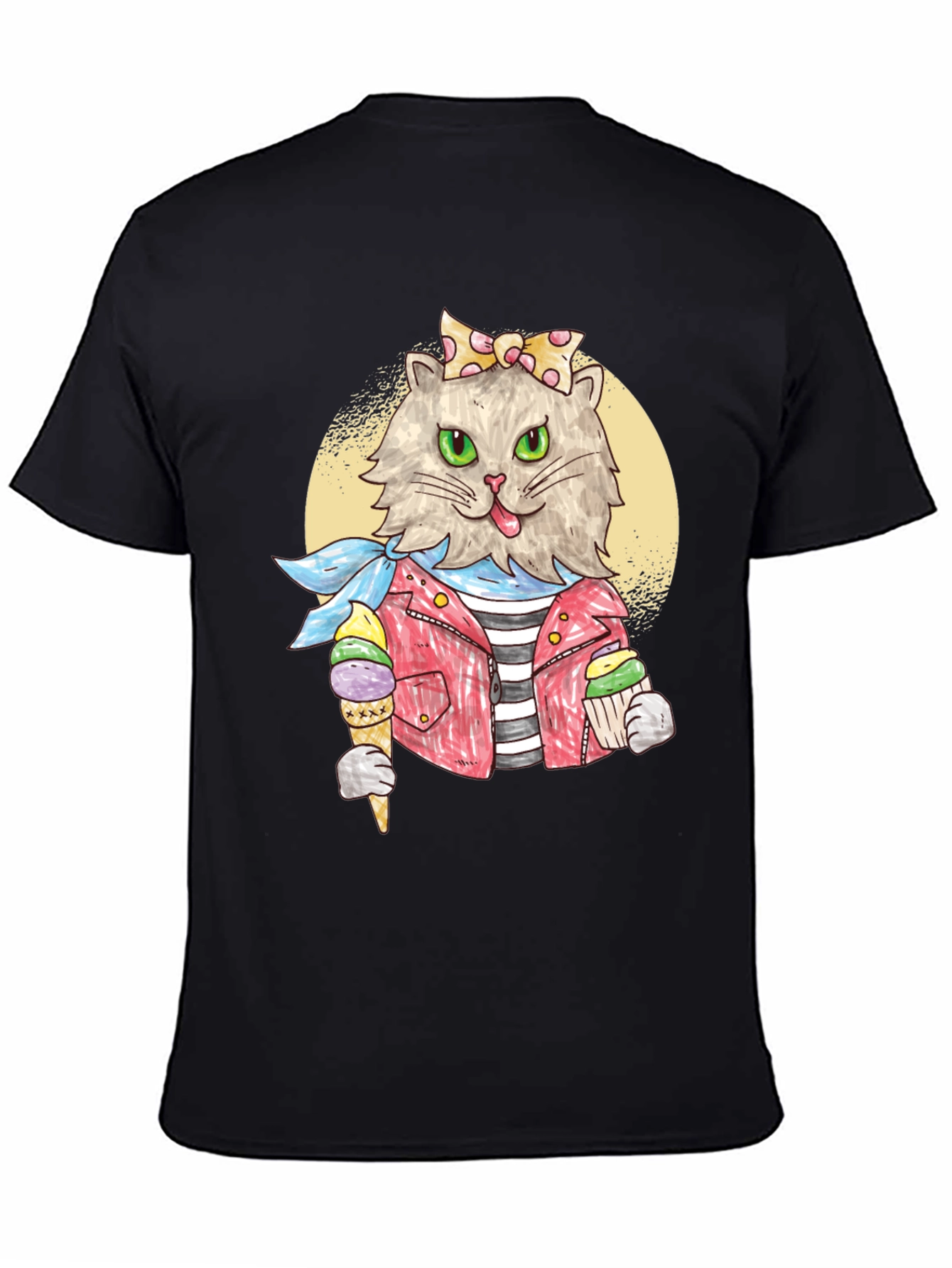 Cat with Ice Cream Black T-Shirt