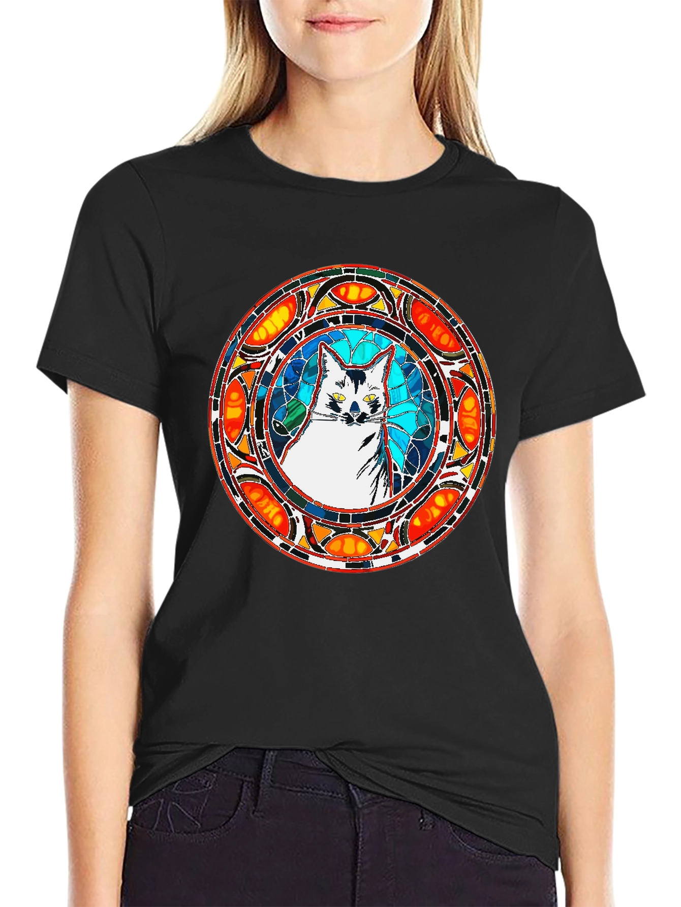 Stained Glass Cat T-Shirt - Unique Artistic Design