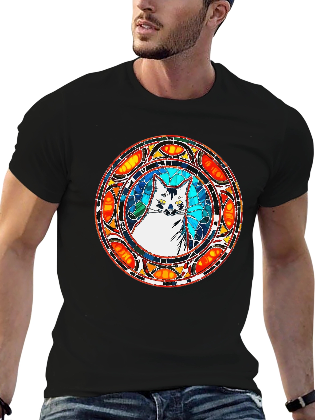 Stained Glass Cat T-Shirt - Unique Artistic Design