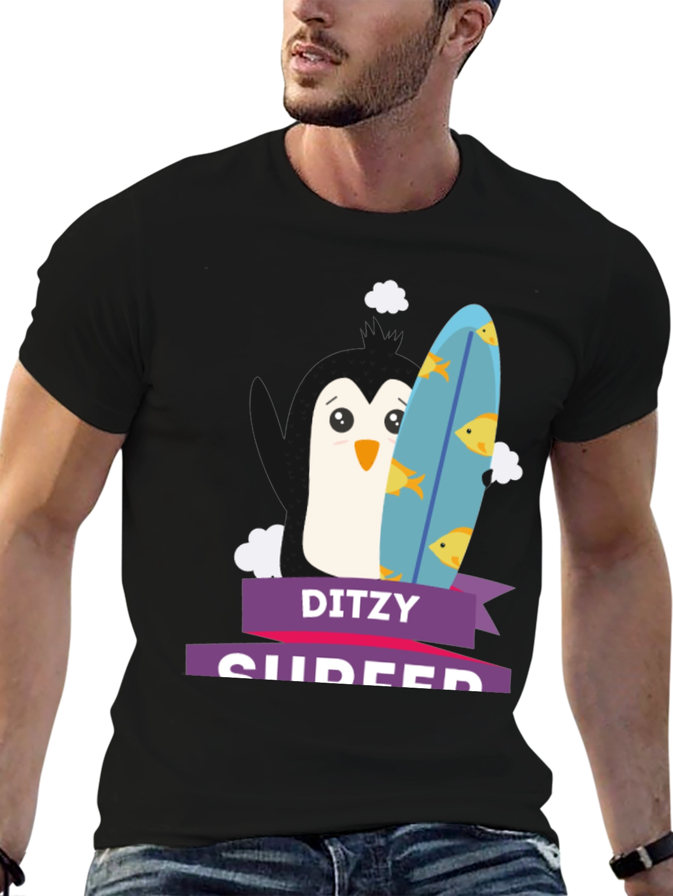 Dizty Surfer Penguin T-Shirt - Cartoon Animal Tee