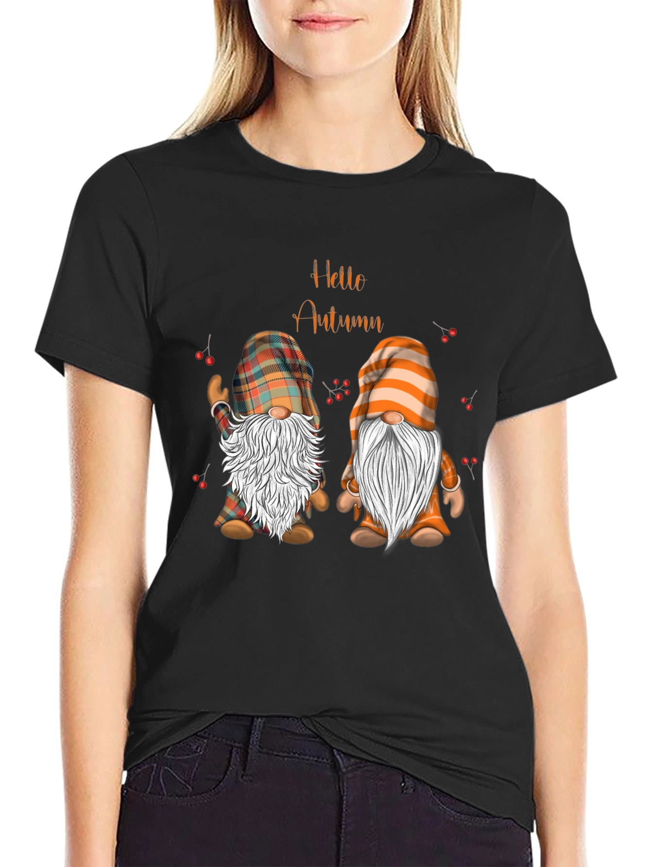 Hello Autumn Gnomes Black T-Shirt