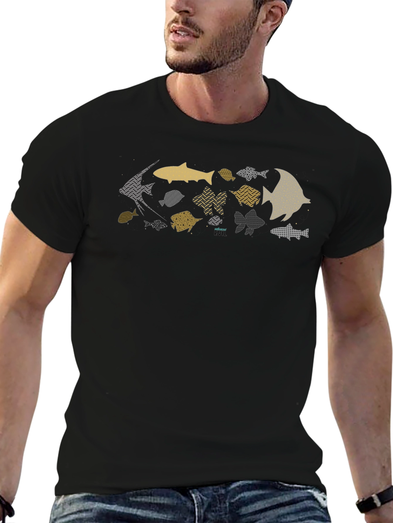 Trendy Fish Pattern Black T-Shirt